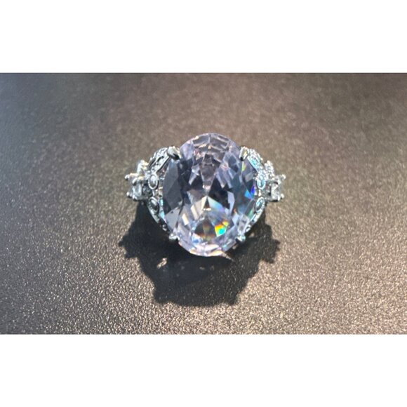 Silver Plated CZ Statement Ring Oval Cut Stone With Vintage Inspired Design - Picture 4 of 4